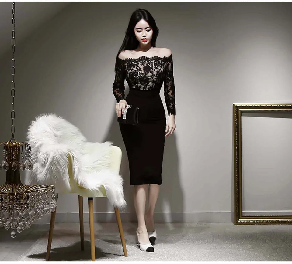 Black High Waist Lady Dress Spring Sexy Off The Shoulder Slash Neck Lace Long Sleeves Temperament Elegant Party Dress Women
