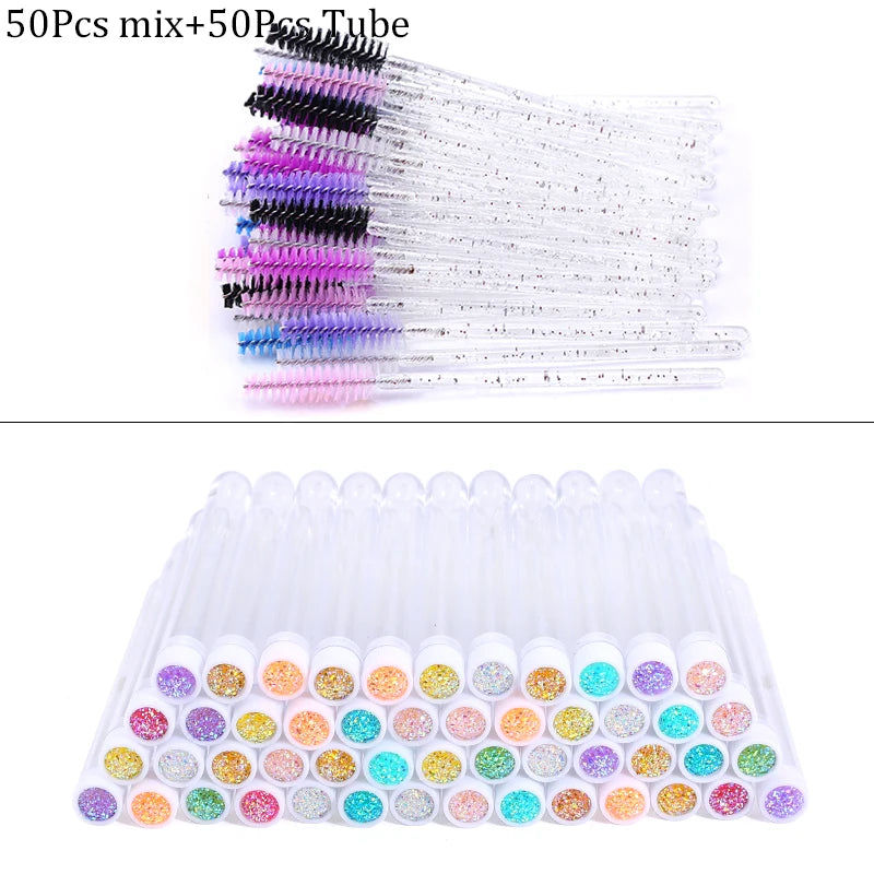 50Pcs Eyelash Brush Mascara Tube Crystal Eyebrow Brushes Disposable Comb Dust-proof Lash Extension Supplies Cosmetic Makeup Tool
