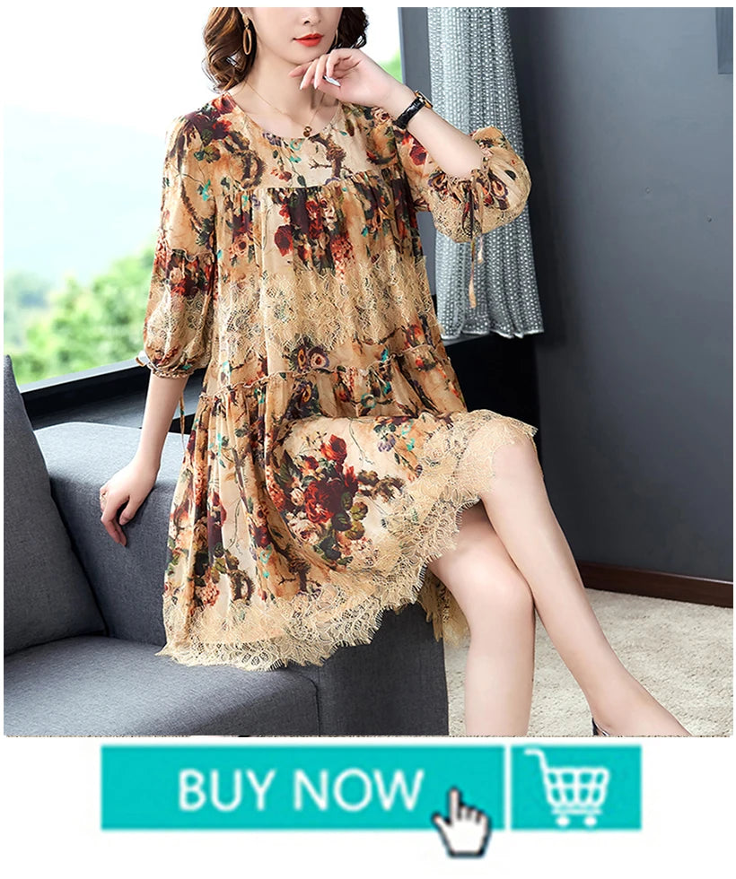 2024 Boho Vintage Print Natural Silk Midi Dresses Summer Loose Casual Dress Elegant Women Bodycon Party Vestidos