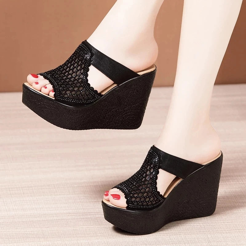 YAERNI High Heel Sandals For Women Summer Peep Toe Lace Mesh Wedge Heels Sandal Women Shoes