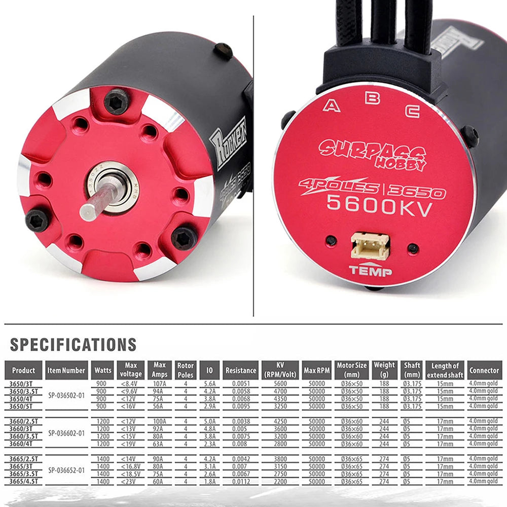RC Motor Rocket 3650 Brushless Motor 5600KV 4700KV 4350KV 3250KV w/Temp Sensor for 1/8 1/10 RC Car