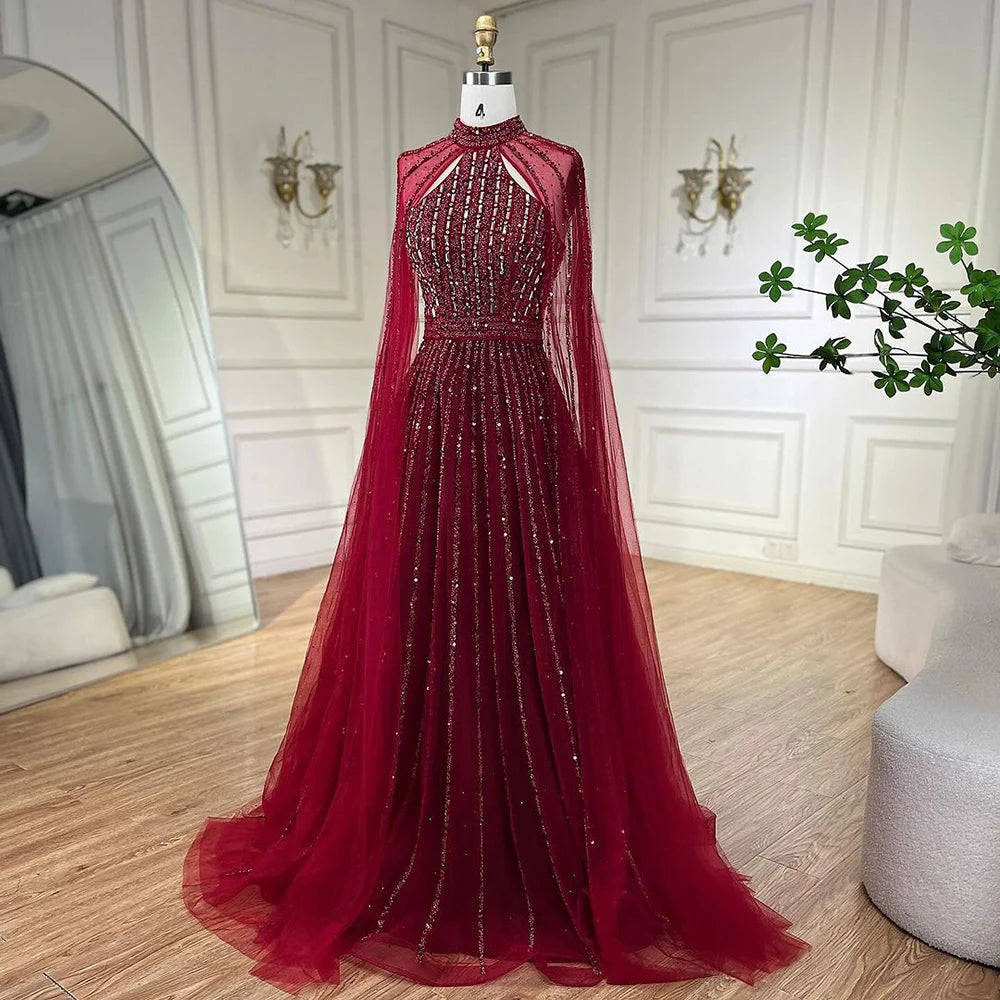 Caramel Arabic a Line Cape Sleeve Beaded Dubai Evening Dresses Serene Hill LA72306A Party Gowns 2024 for Women