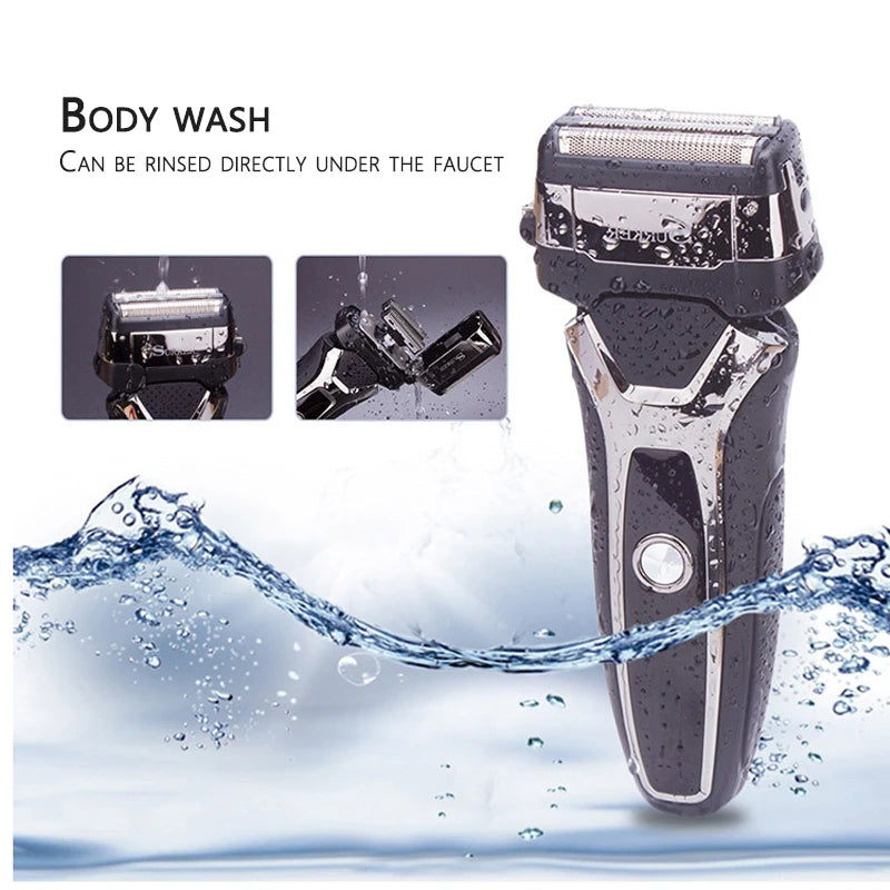 Wet Dry Rechargeable Electric Shaver For Men Facial Beard Electric Razor Stubble 3-Blade System Shaving Machine Washable