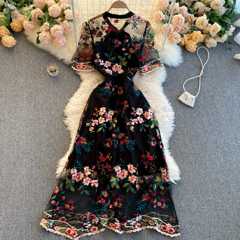 Guilantu Mesh Embroidery Floral Office Dress Women Summer Short Sleeve Tulle Vintgae Dress Elegant Sexy Club Party Dresses