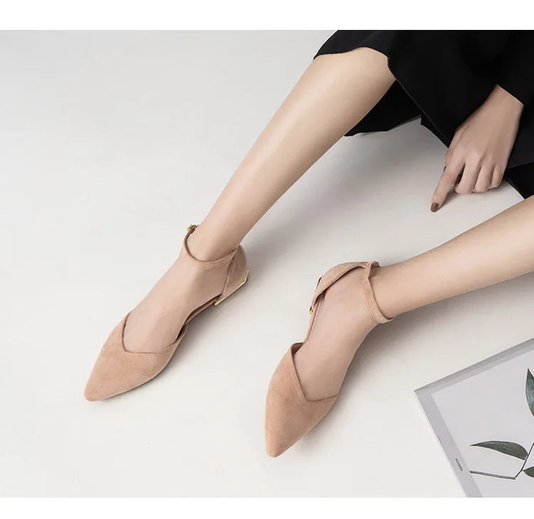 D'orsay suede cover metal low heels office sandals women pointed toe buckle sandalias elegant closed toe summer work shoes women