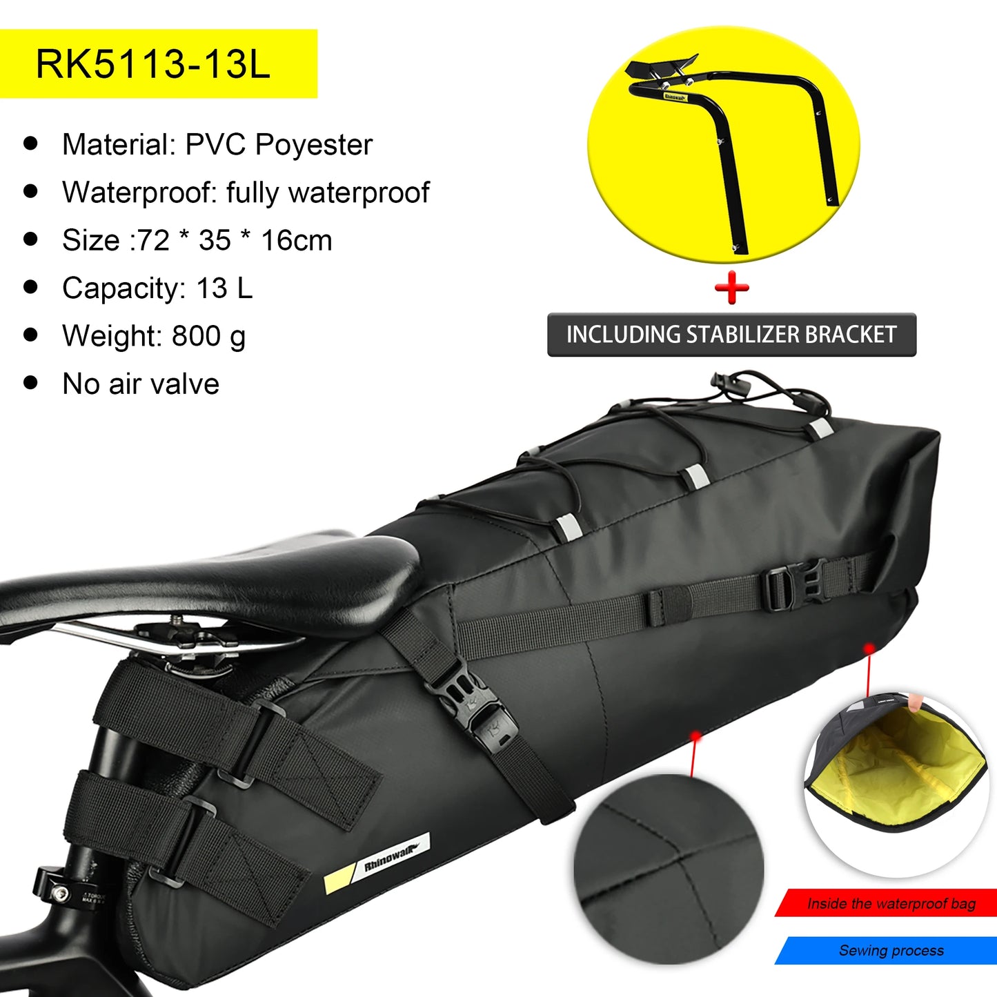 Rhinowalk Bike Saddlebag + Stabilizer Set Waterproof 13L Large Capacity More Stable For MTB Road Bike Can Fit Water Bottle Cage