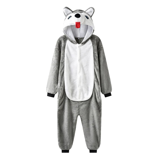 Husky Onesie For Kids Animal Pajamas Flannel Children Kigurumi Girls Dog Cosplay Costume Boy Full Body One-Piece Pijama Brithday