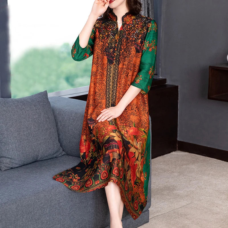 2024 Boho Vintage Print Natural Silk Midi Dresses Summer Loose Casual Dress Elegant Women Bodycon Party Vestidos