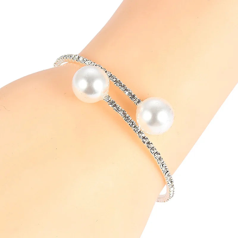2PCS/Set European Simulated Pearl Chokers  Necklace Bangle Adjustable Jewelry Set For Women Bridal Wedding Party Accessories