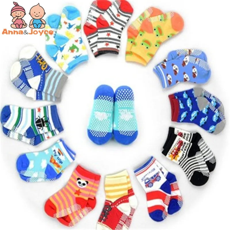 12 Pairs/Lot Cotton Baby 's Floor Socks Boys Girls Non-slip Boat Low Cut Sock with Rubber Grips 1-5Years