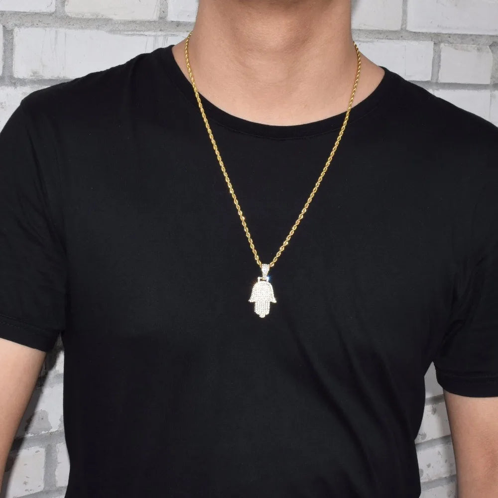 Hand Pendant Necklace Gold Color Cubic Zircon Men's Hip Hop Jewelry