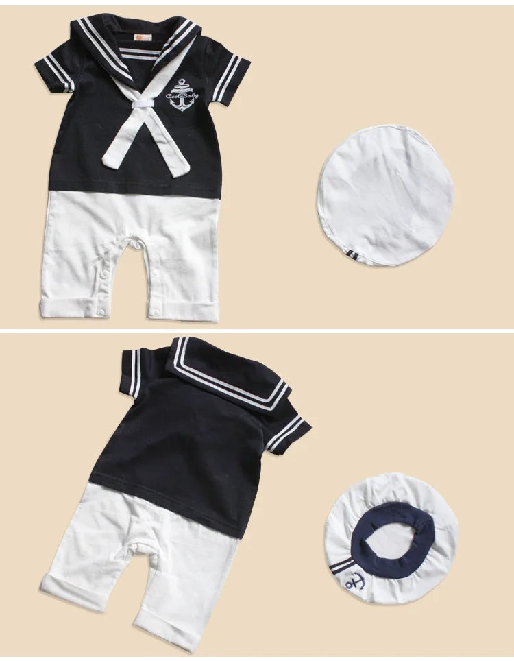 Hooyi Sailor Baby Boy Short Rompers Cool Baby Navy Beret Cap Fashion 100% Cotton Infant Clothes Costumes Seaman Jumpsuit Overall