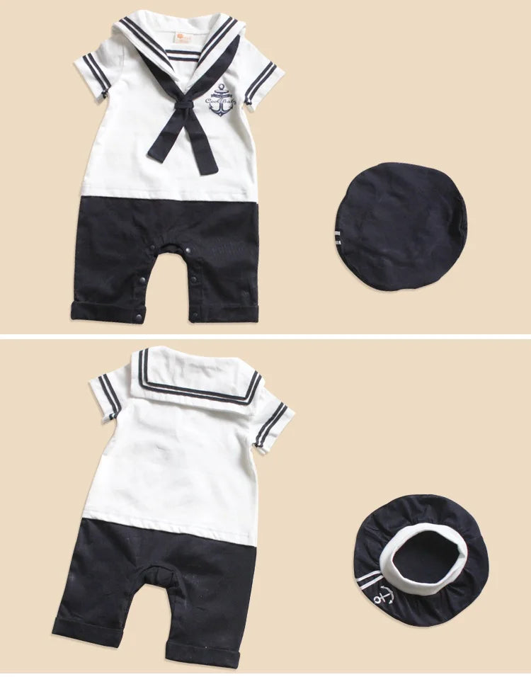 Hooyi Sailor Baby Boy Short Rompers Cool Baby Navy Beret Cap Fashion 100% Cotton Infant Clothes Costumes Seaman Jumpsuit Overall