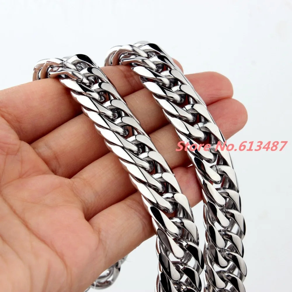 7-40"Customed Size 9/11/13/16/19/21mm Mens Jewelry 316L Stainless Steel Silver Color High Polished Cuban Chain Necklace
