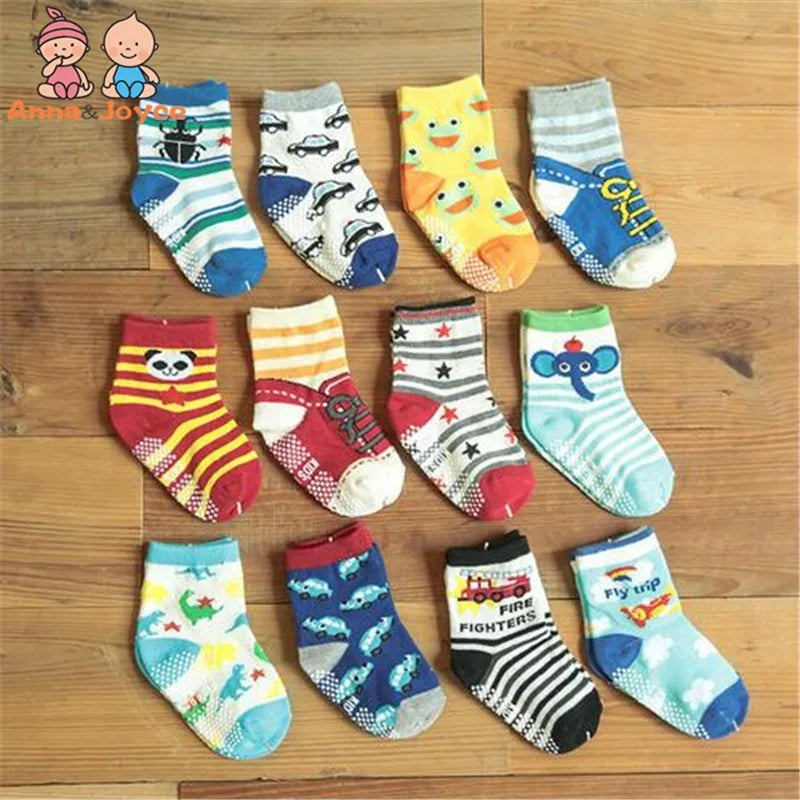 12 Pairs/Lot Cotton Baby 's Floor Socks Boys Girls Non-slip Boat Low Cut Sock with Rubber Grips 1-5Years
