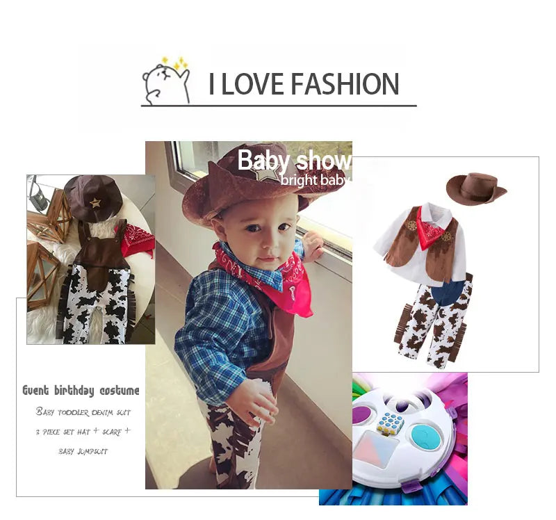 Baby Boy Clothes cowboy Costume Infant Toddler Cowboy Set 3Pcs Hat Scarf Romper Halloween Event Birthday Holiday Cosplay Outfits
