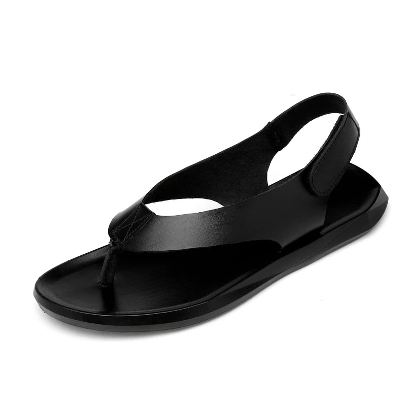 EOFK Summer Men Genuine Leather Sandals New Design Fashion Casual Black Slip on Sandals Leather Flip Flops Man Men's Flat Rubber