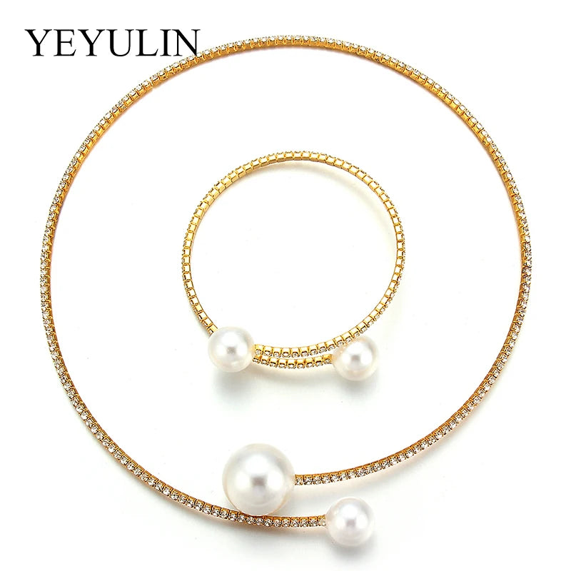 2PCS/Set European Simulated Pearl Chokers  Necklace Bangle Adjustable Jewelry Set For Women Bridal Wedding Party Accessories
