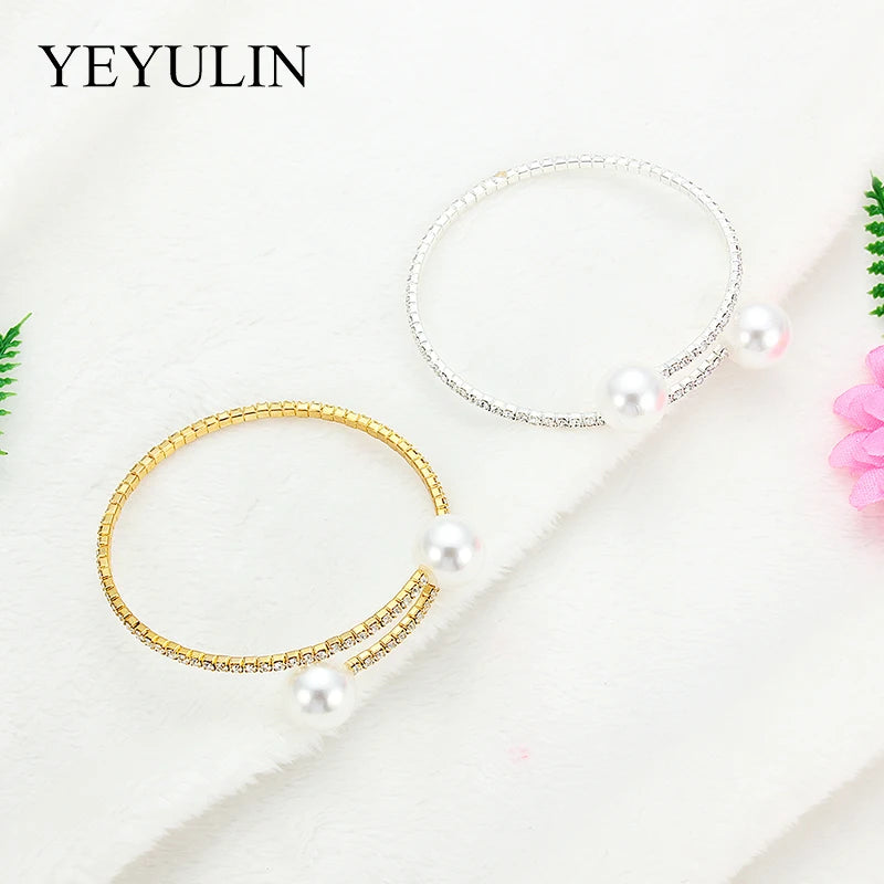 2PCS/Set European Simulated Pearl Chokers  Necklace Bangle Adjustable Jewelry Set For Women Bridal Wedding Party Accessories