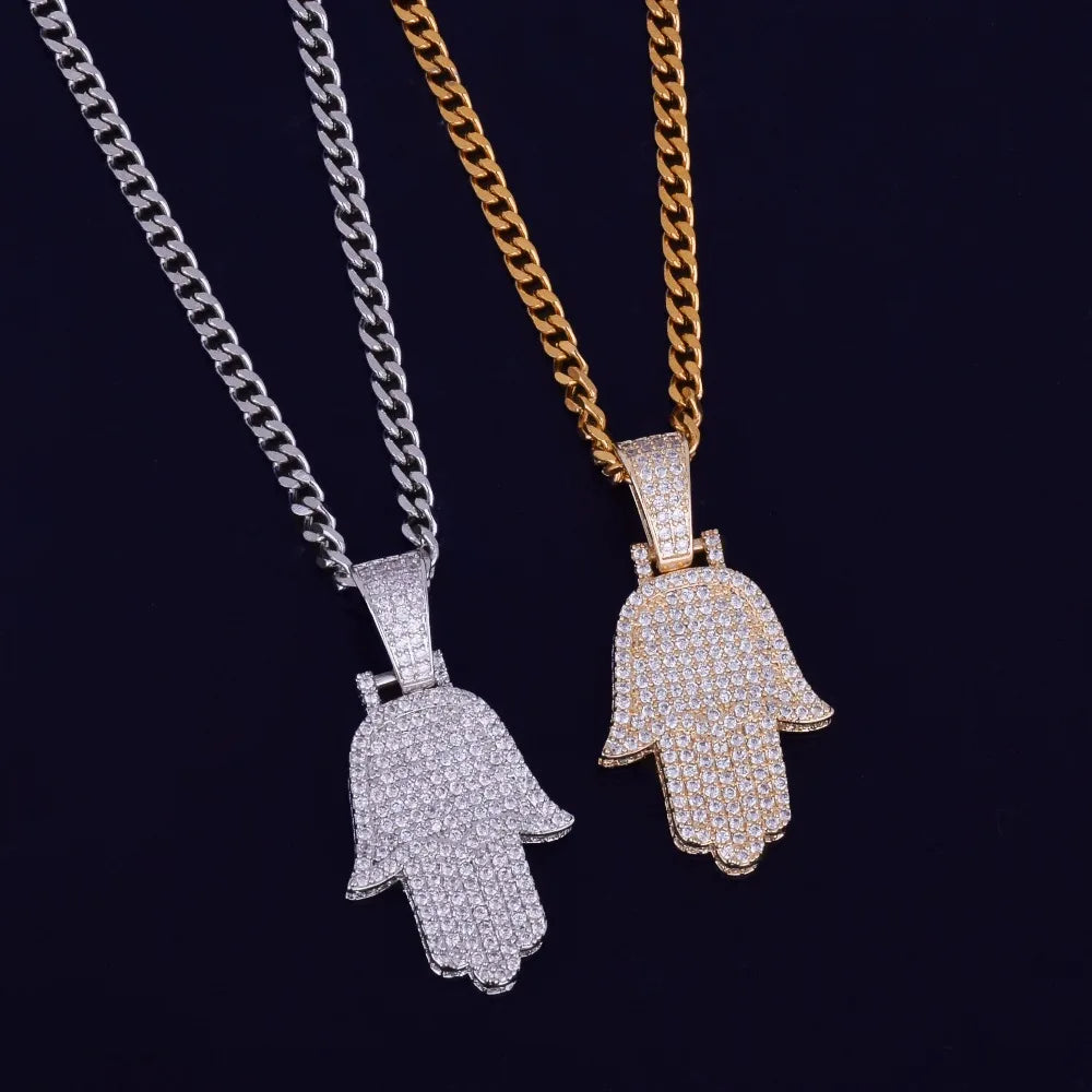 Hand Pendant Necklace Gold Color Cubic Zircon Men's Hip Hop Jewelry