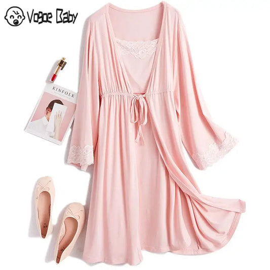 2Pcs/Set Pregnancy Maternity Pajamas Sleepwear Nursing Pregnant Pajamas Breastfeeding Nightgown Elegant Maternity Nursing Dress