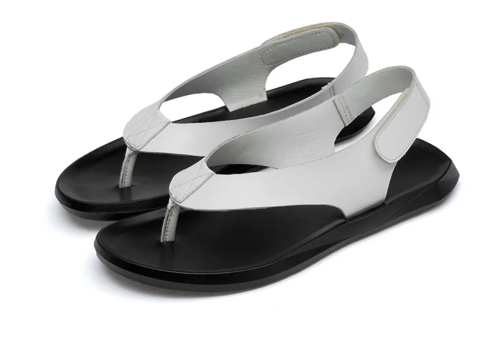 EOFK Summer Men Genuine Leather Sandals New Design Fashion Casual Black Slip on Sandals Leather Flip Flops Man Men's Flat Rubber
