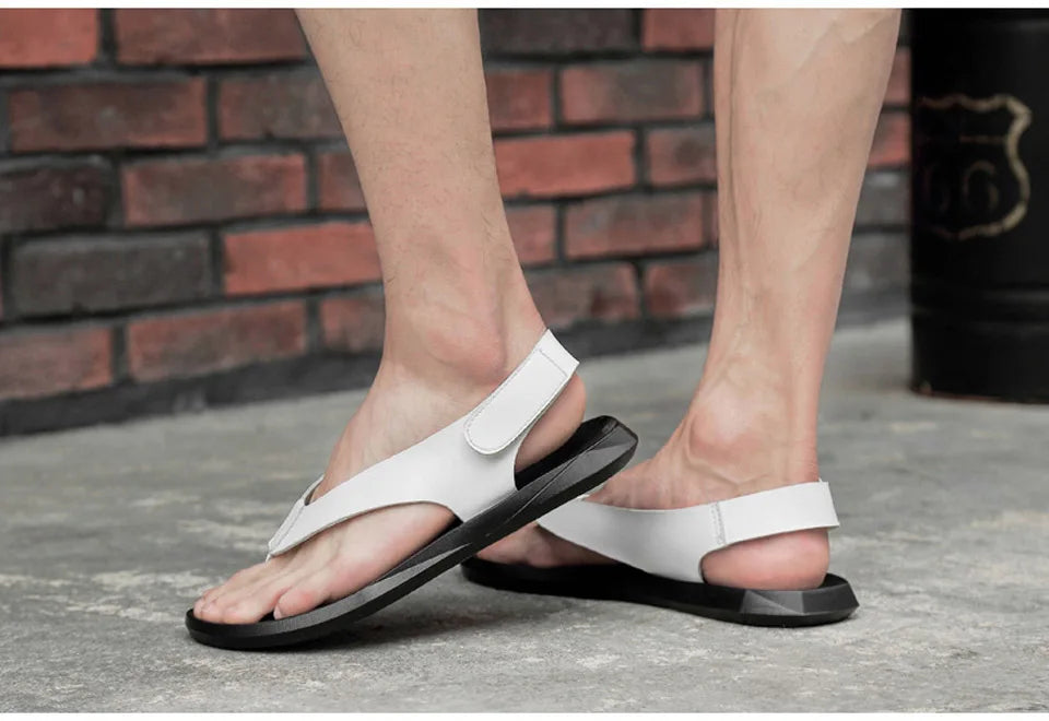 EOFK Summer Men Genuine Leather Sandals New Design Fashion Casual Black Slip on Sandals Leather Flip Flops Man Men's Flat Rubber