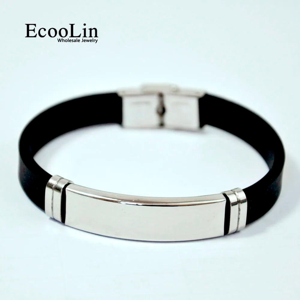 15Pcs New Fashion Wristband black Punk Rubber Silicone Stainless Steel Men Bracelets Bangles pulseras hombre caucho LR4091