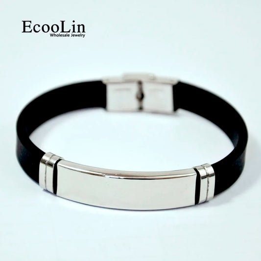 15Pcs New Fashion Wristband black Punk Rubber Silicone Stainless Steel Men Bracelets Bangles pulseras hombre caucho LR4091