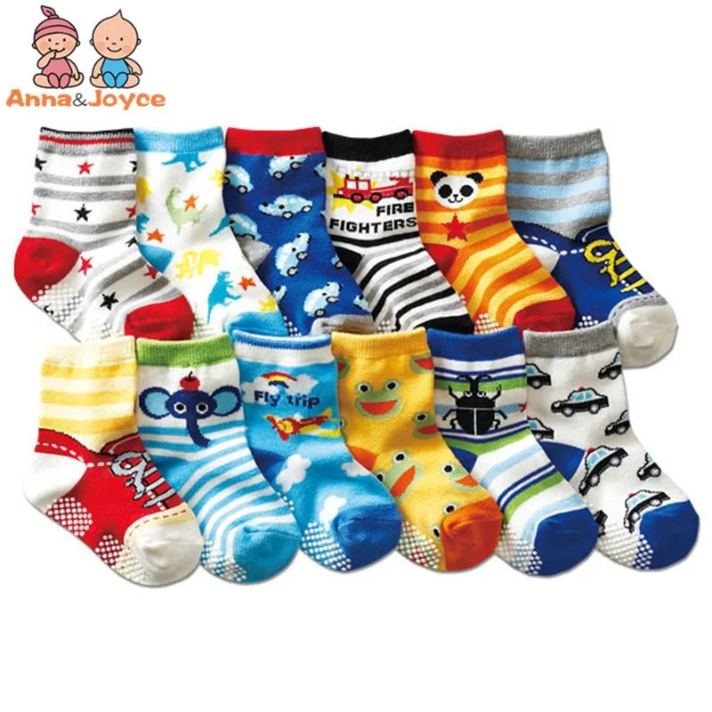 12 Pairs/Lot Cotton Baby 's Floor Socks Boys Girls Non-slip Boat Low Cut Sock with Rubber Grips 1-5Years
