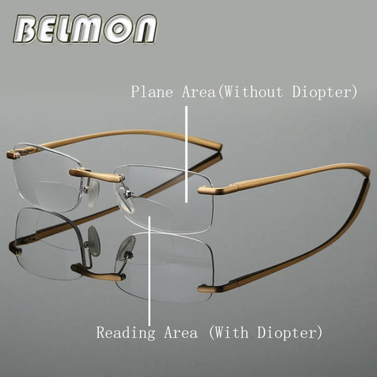 Bifocal Reading Glasses Men Women Rimless Aluminum-magnesium Frame Diopter Presbyopic Eyeglasses +1.0+1.5+2.0+2.5+3.0+3.5 RS341