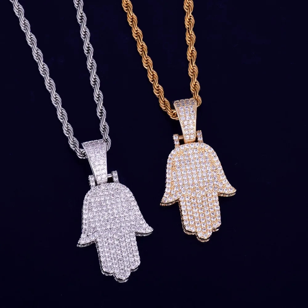 Hand Pendant Necklace Gold Color Cubic Zircon Men's Hip Hop Jewelry