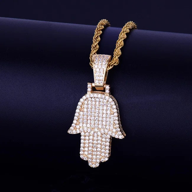 Hand Pendant Necklace Gold Color Cubic Zircon Men's Hip Hop Jewelry
