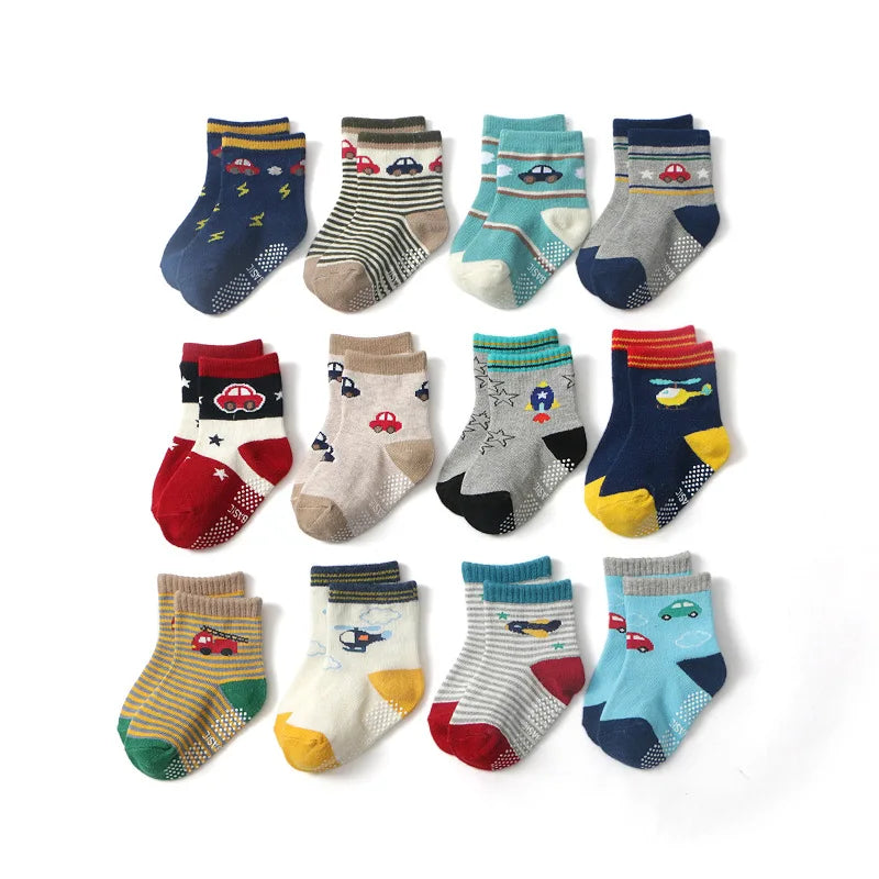 12 Pairs/Lot Cotton Baby 's Floor Socks Boys Girls Non-slip Boat Low Cut Sock with Rubber Grips 1-5Years