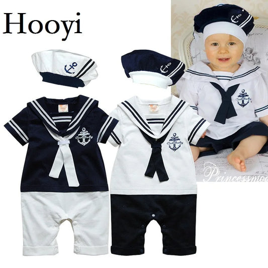 Hooyi Sailor Baby Boy Short Rompers Cool Baby Navy Beret Cap Fashion 100% Cotton Infant Clothes Costumes Seaman Jumpsuit Overall