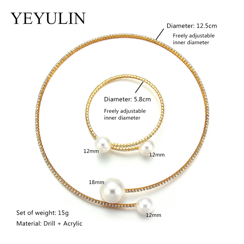 2PCS/Set European Simulated Pearl Chokers  Necklace Bangle Adjustable Jewelry Set For Women Bridal Wedding Party Accessories