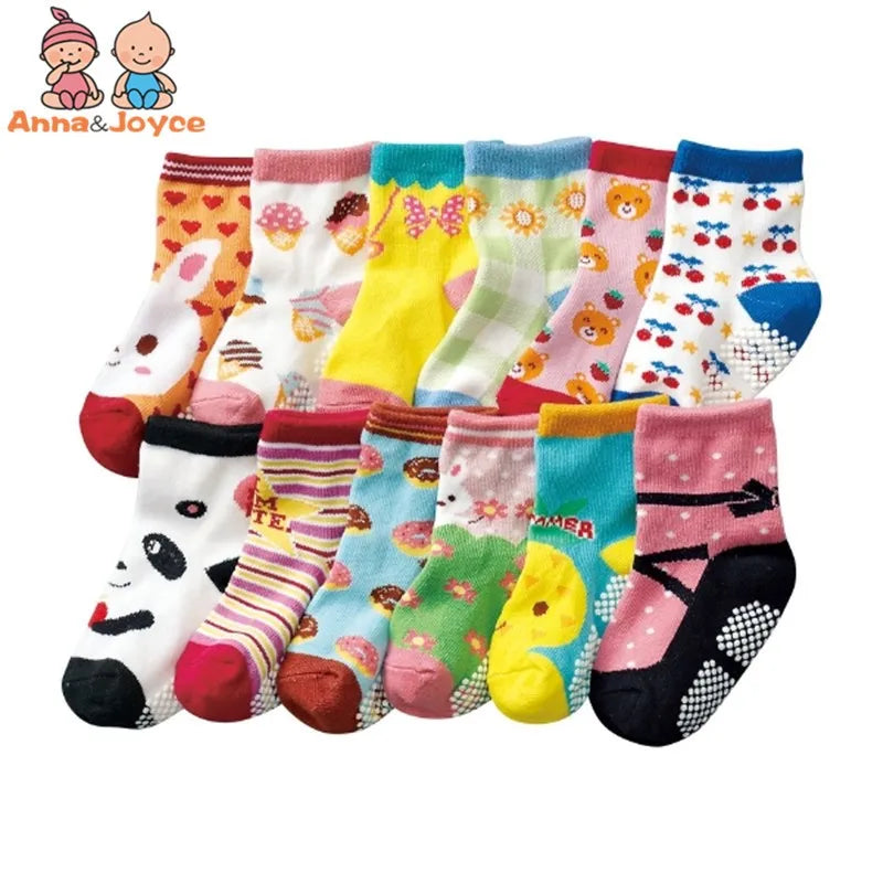 12 Pairs/Lot Cotton Baby 's Floor Socks Boys Girls Non-slip Boat Low Cut Sock with Rubber Grips 1-5Years