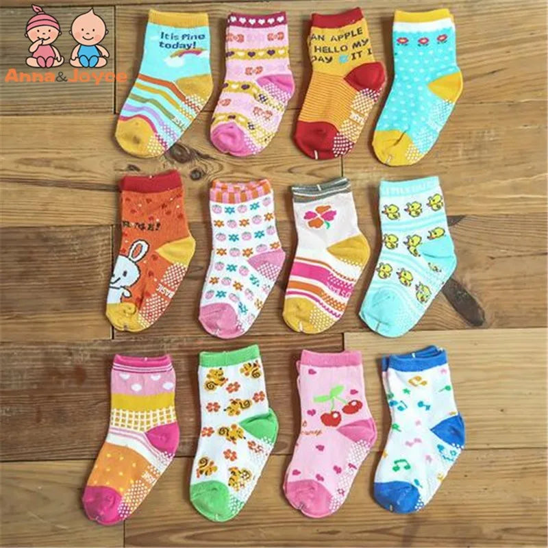 12 Pairs/Lot Cotton Baby 's Floor Socks Boys Girls Non-slip Boat Low Cut Sock with Rubber Grips 1-5Years
