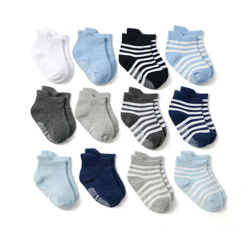 12 Pairs/Lot Cotton Baby 's Floor Socks Boys Girls Non-slip Boat Low Cut Sock with Rubber Grips 1-5Years