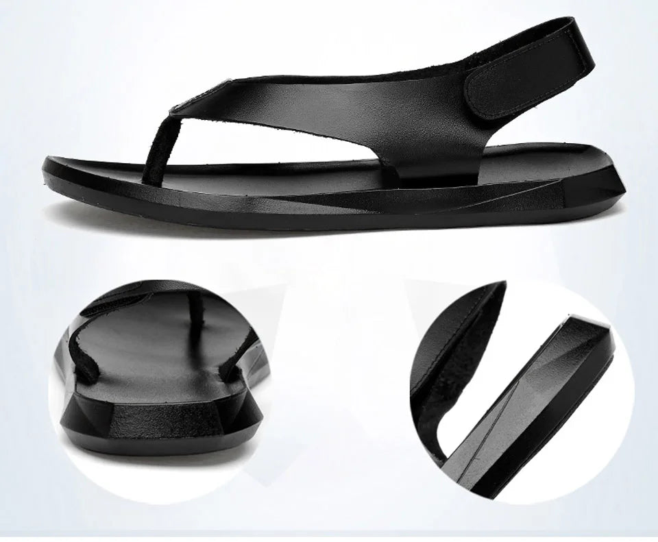 EOFK Summer Men Genuine Leather Sandals New Design Fashion Casual Black Slip on Sandals Leather Flip Flops Man Men's Flat Rubber