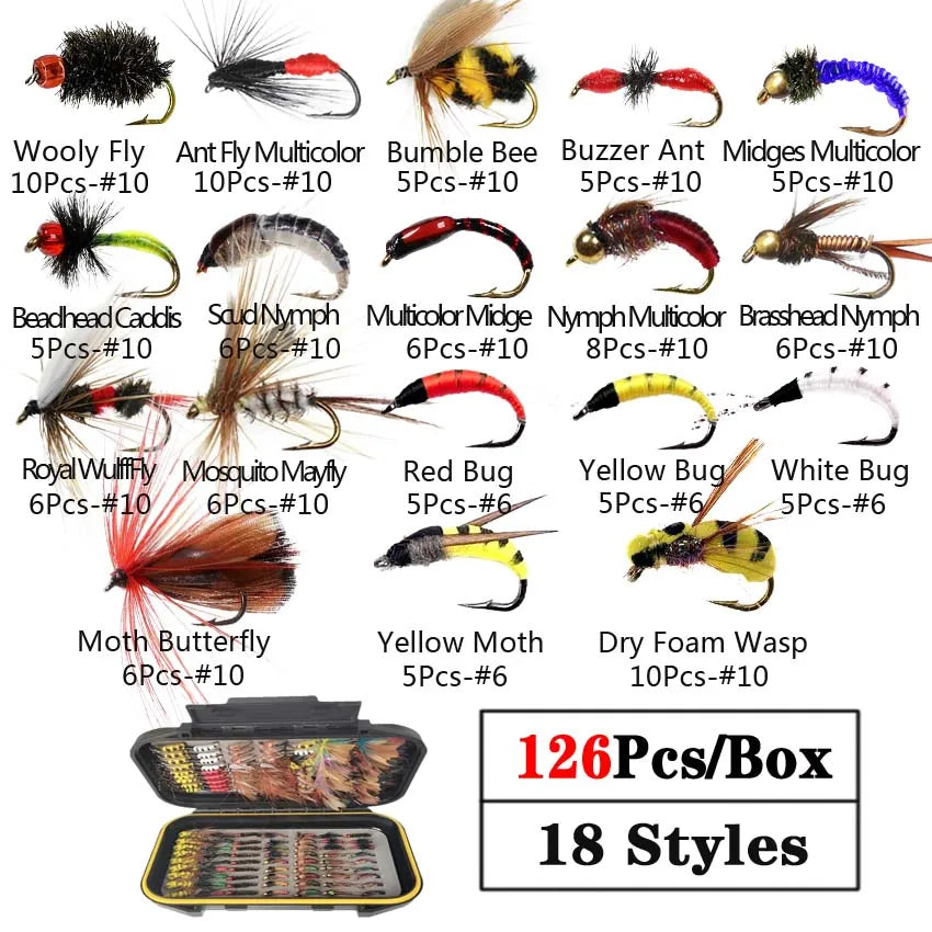 40/78/126Pcs/Box Mixed Styles Fly Fishing Lure Wet/Dry Nymph Artificial Flies Bait Pesca Tackle Trout Carp Kit