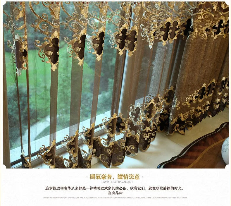 Embroidered Chenille Velvet Curtains for Living Room Bedroom European Modern Brown Gold Sheer Tulle Windows Backdrop Valance