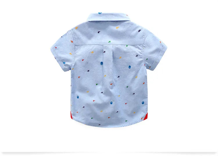 2024 England Style 2 3 4 5 6 8 10 Years Baby Summer Clothes Cotton Clothing Pocket Cartoon Print Short Sleeve Shirt For Kids Boy