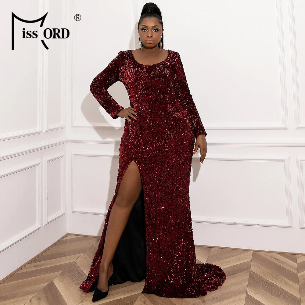 Missord Women Wine Plus Size Evening Dress Long Sleeve Sequins Thigh Split Bodycon Party Prom Maxi Dresses Elegant Backless Gown