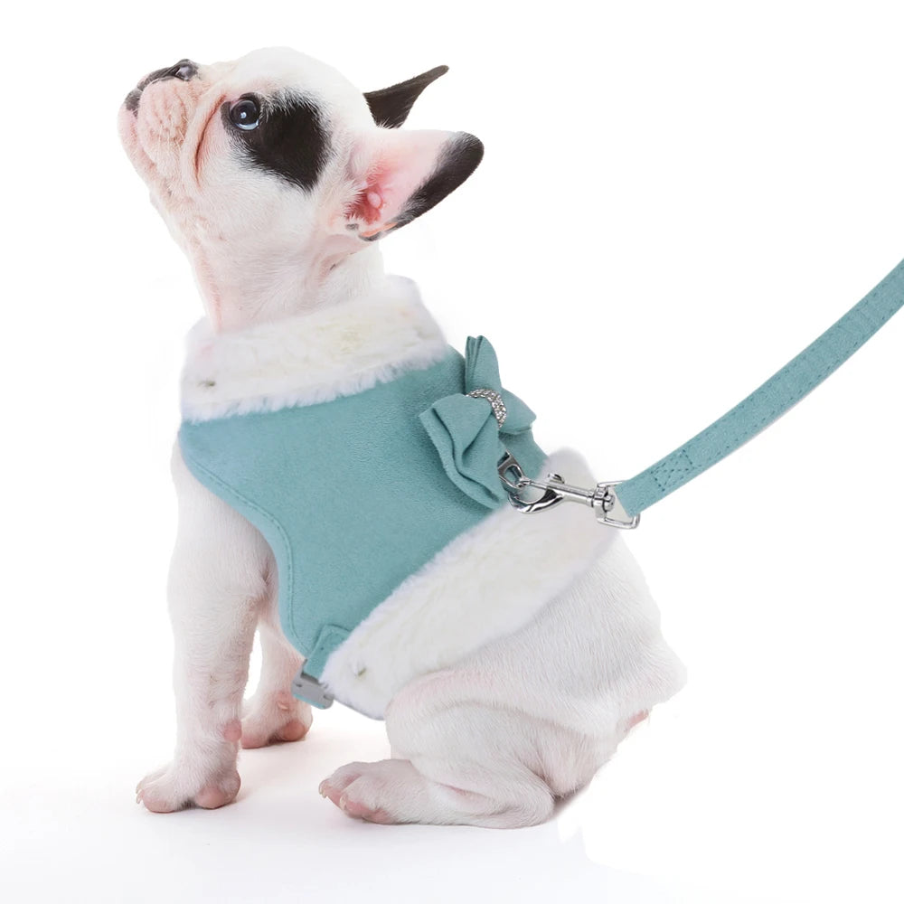 Soft Warm Dog Vest Harness and Leash Set Cute Bowknot Pet Winter Clothes Vest Warm Fur Small Dog Clothing French Bulldog Pink