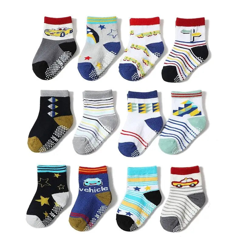 12 Pairs/Lot Cotton Baby 's Floor Socks Boys Girls Non-slip Boat Low Cut Sock with Rubber Grips 1-5Years