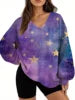 Starry Sky Gradient Pattern Printed Women's Versatile Fashion High Quality V-neck Hoodie 2025 New Edition