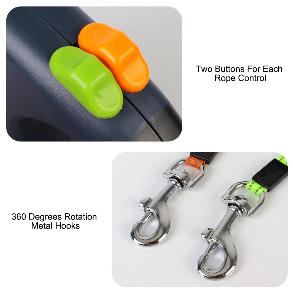Roulette Dogs Strap With Flashlight Waste Bag Box Dual Dog Leash Auto Retractable 3m Double-Ended Traction Rope