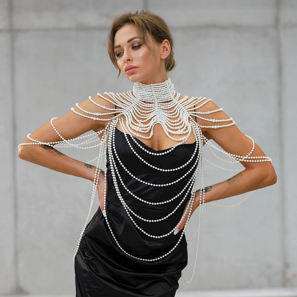 Sexy Pearl Body Chain For Women Necklaces Shawl Female Punk Style Beaded Collar Shoulder Sweater  Long Chain Bridal Body Jewelry