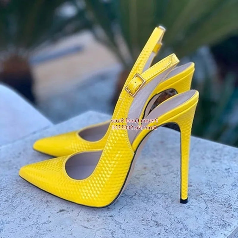 Yellow Snakeskin Slingback Pumps Pointy Toe Shallow Stiletto Heels Dress Shoes Cut-out Heels Women Shoes 12Cm 10Cm 8Cm